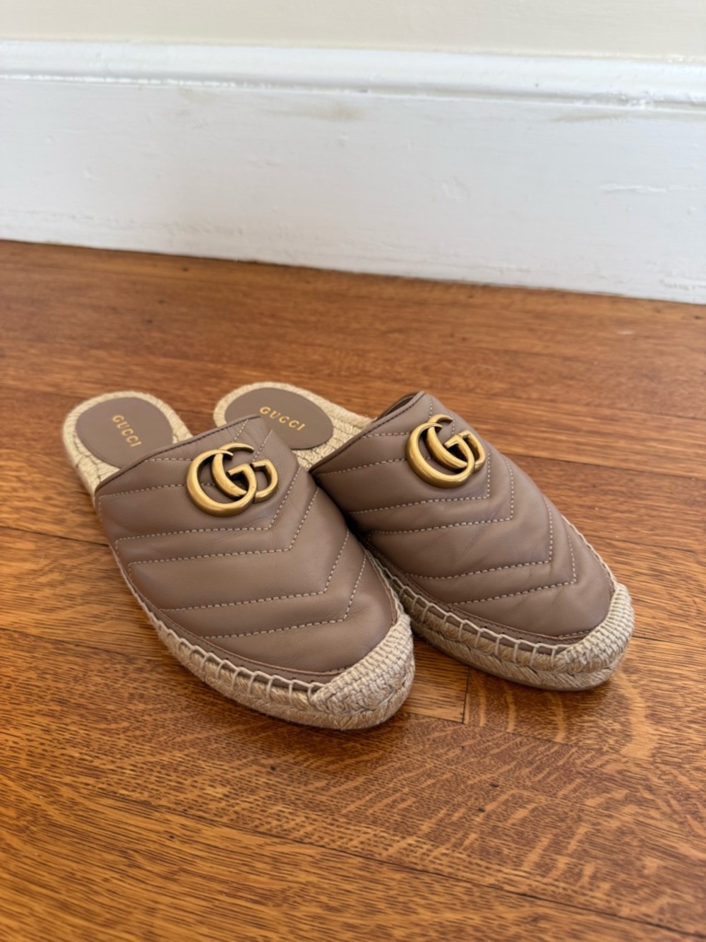 Gucci Taupe Quilted Leather Mule with Gold Double G